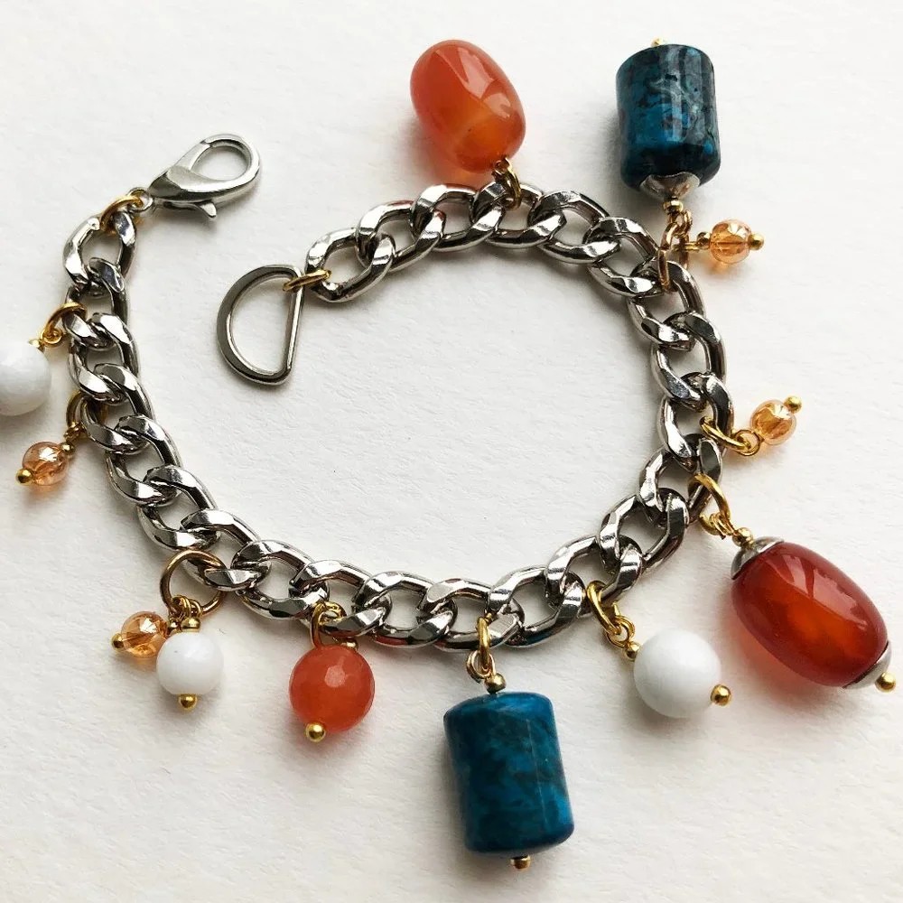 Chunky charm bracelet, curb chain bracelet silver